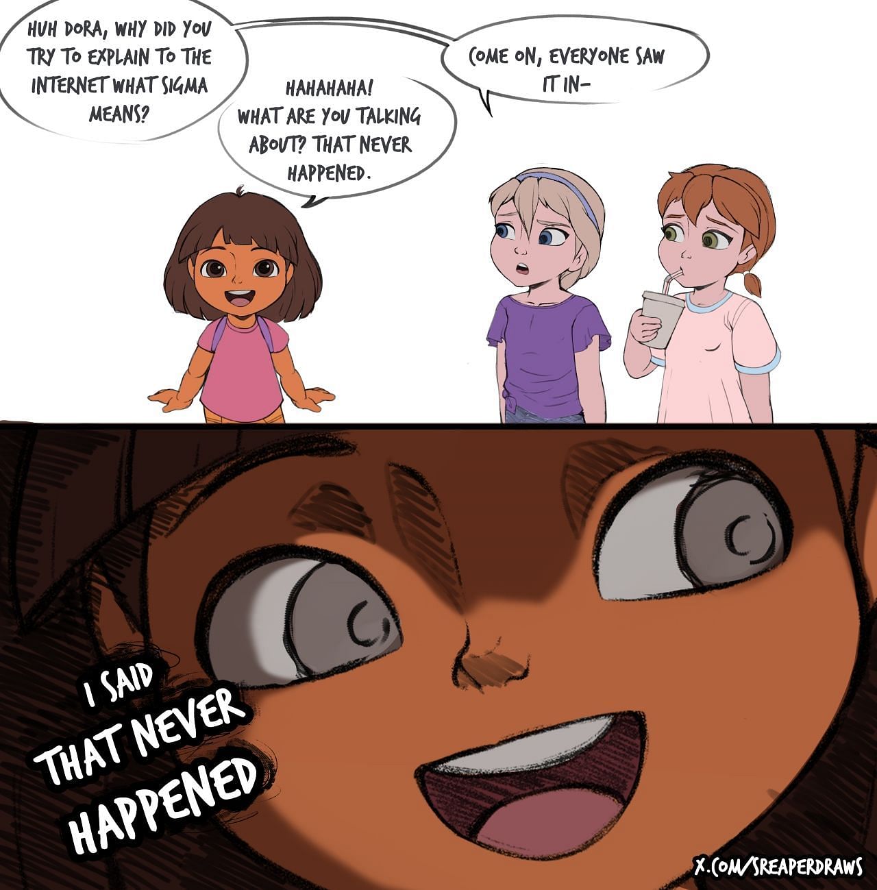 Meme made by an X user on Dora the Explorer's post. (Image via X/@SReaperDraws)